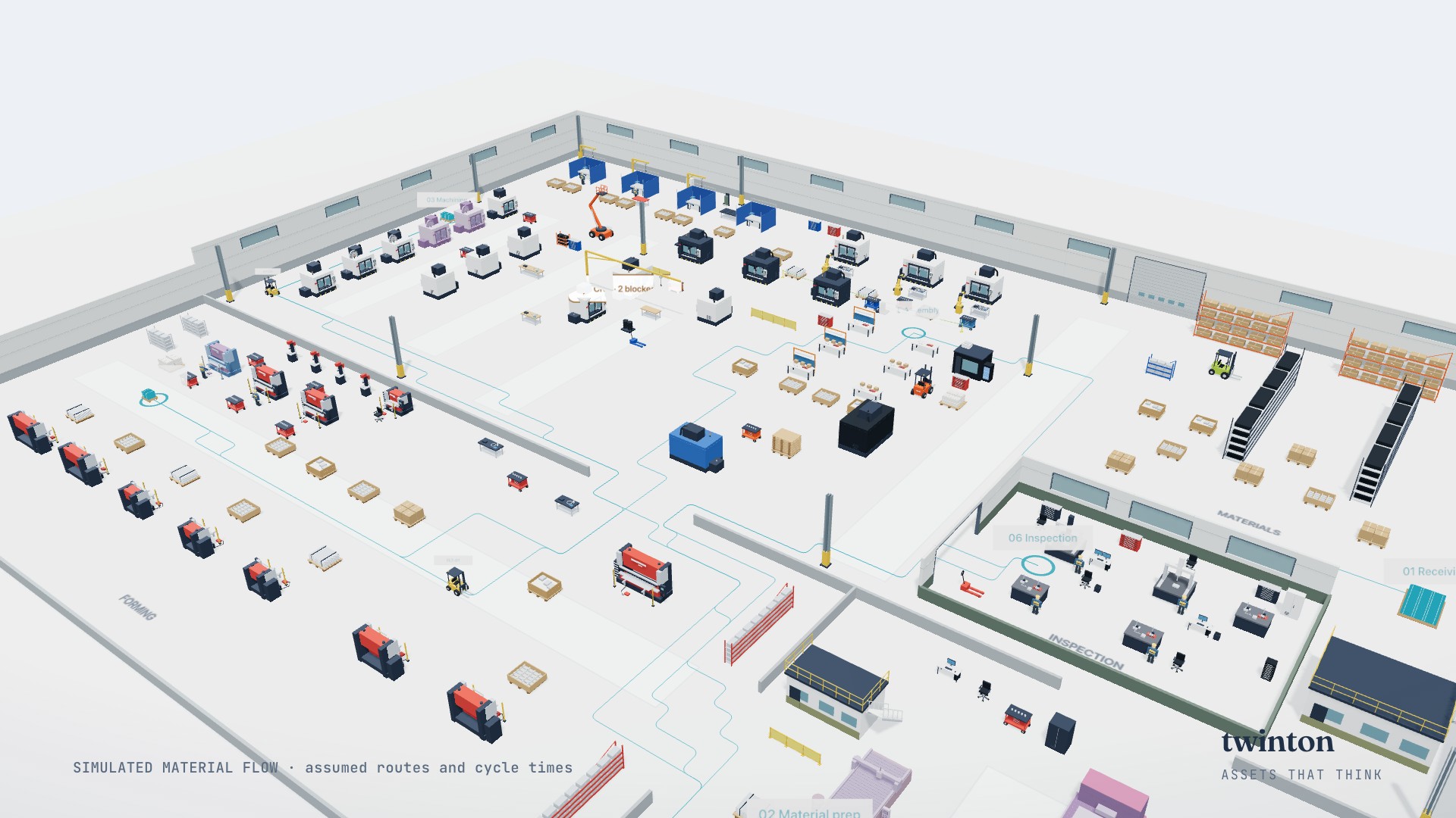 Carriers moving loads between stations in the demo twin