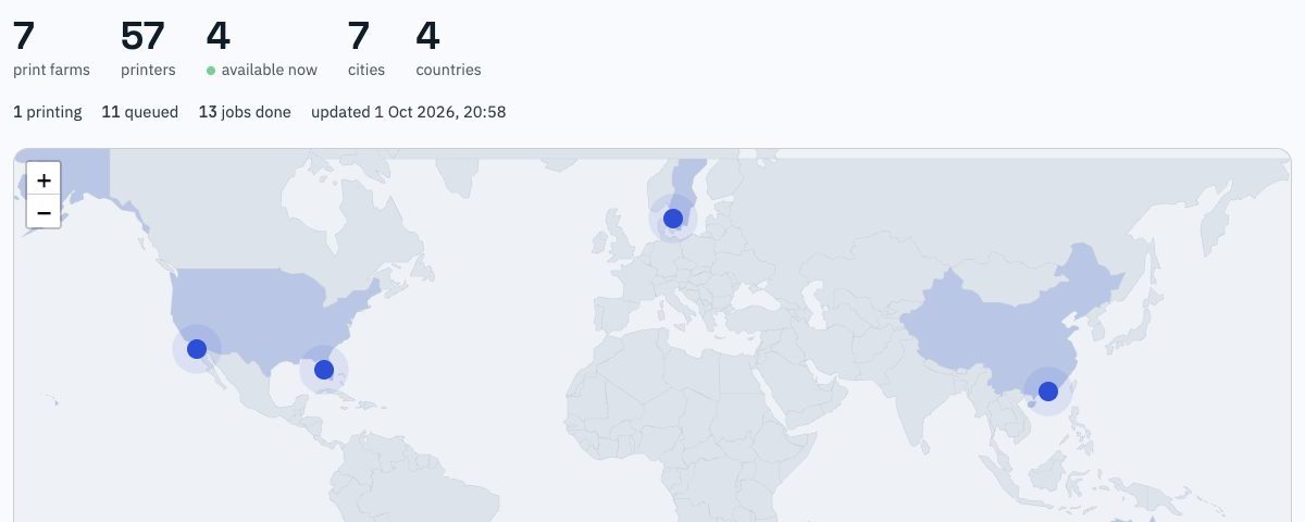 Map of the CE Print network: print farms in Europe, North America and China