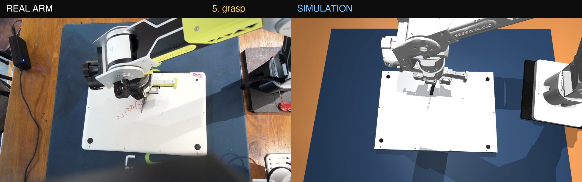 The real robot arm on the left and its twin on the right, in the same pick of a screwdriver