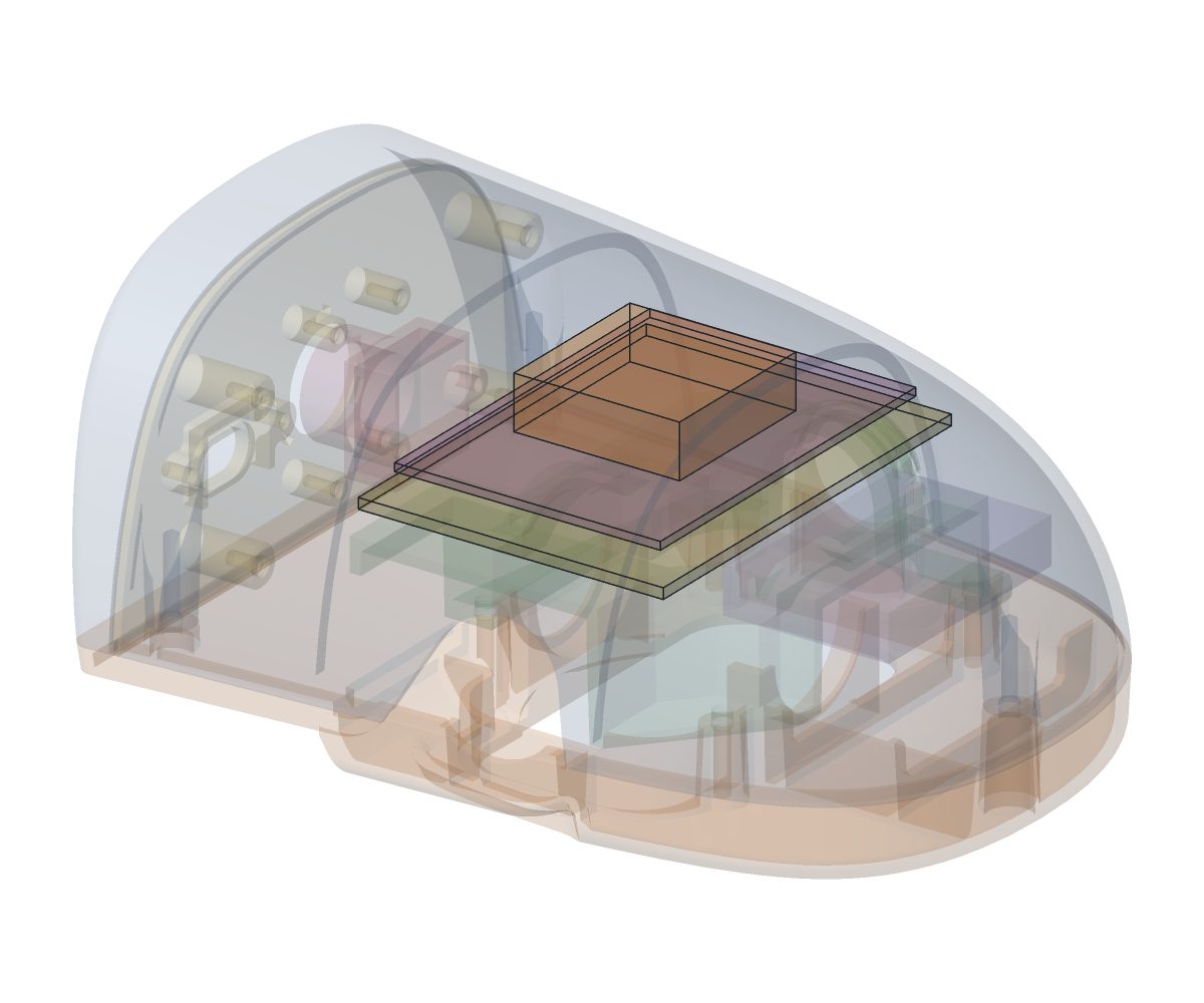 A single board lying flat inside a small robot's printed head