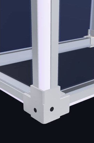 Ledframe corner: three aluminium bars meeting in one printed corner, glass panels behind.