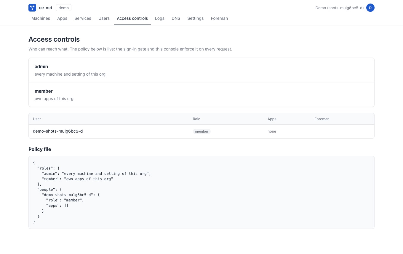 Console Access controls tab: roles admin and member, a policy file