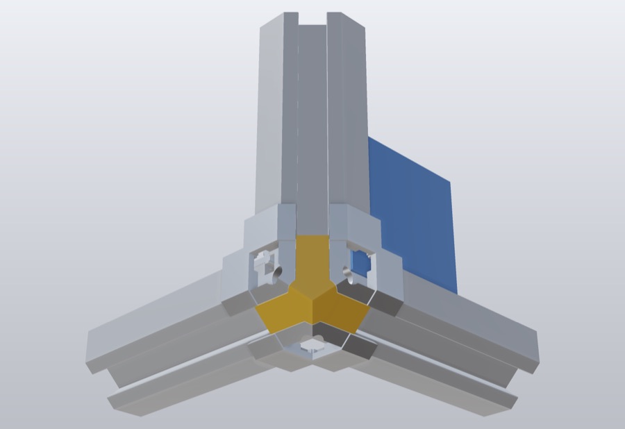 Render of a corner where three custom aluminium extrusions meet a printed corner node, with a blue panel held in the slot