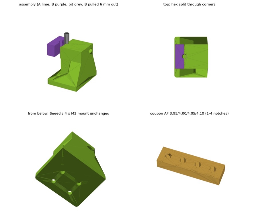 CAD render of a two-part clamp holding a 4 mm hex bit, seen from four sides