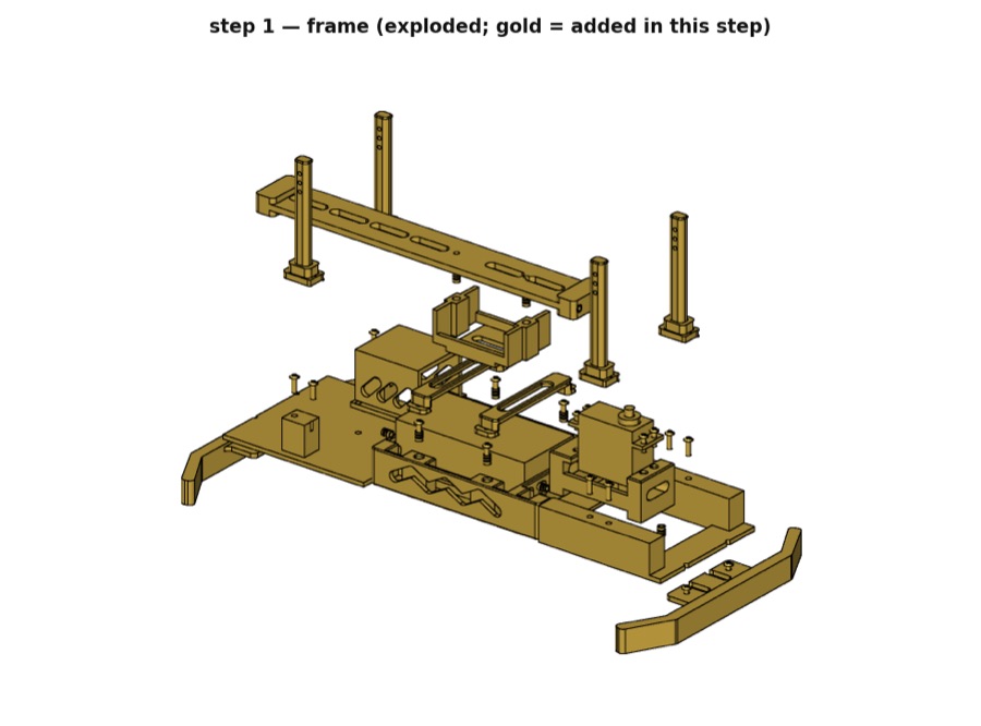 Exploded CAD view of an RC car frame: floor, bumpers, servo mount, electronics cage and body posts