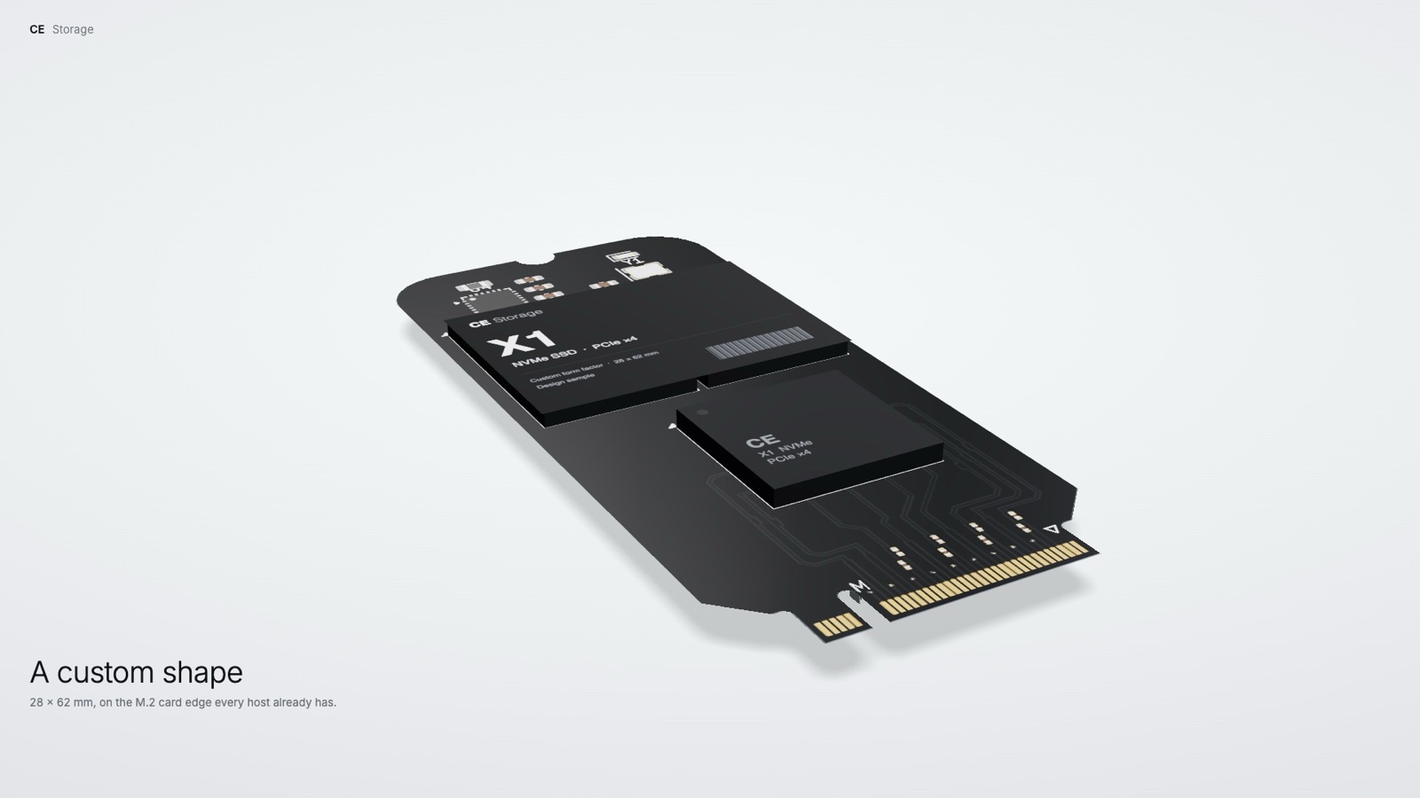 The black SSD board with its controller and two NAND packages, gold M.2 contacts