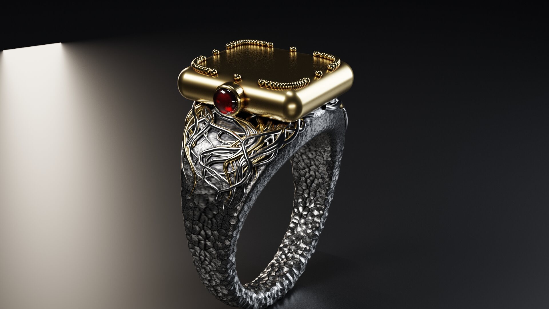 Gold and silver tiger seal ring, rendered on a free machine on the network