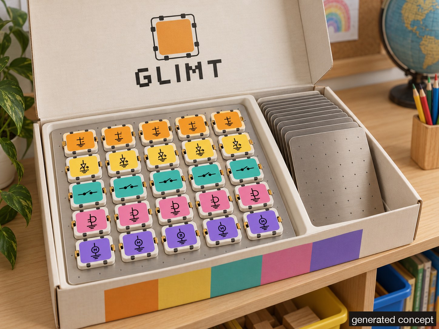 Open GLIMT class box with trays of coloured blocks and a stack of steel plates