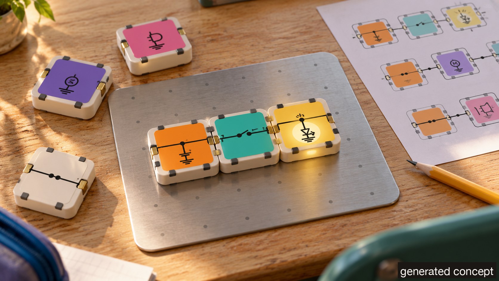 Power, switch and lit LED blocks on a steel plate on a desk
