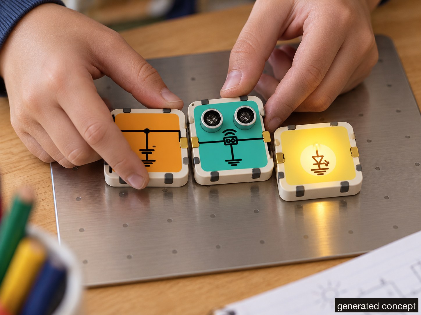 Hands placing a power block, a sensor block and a lit LED block on a steel plate