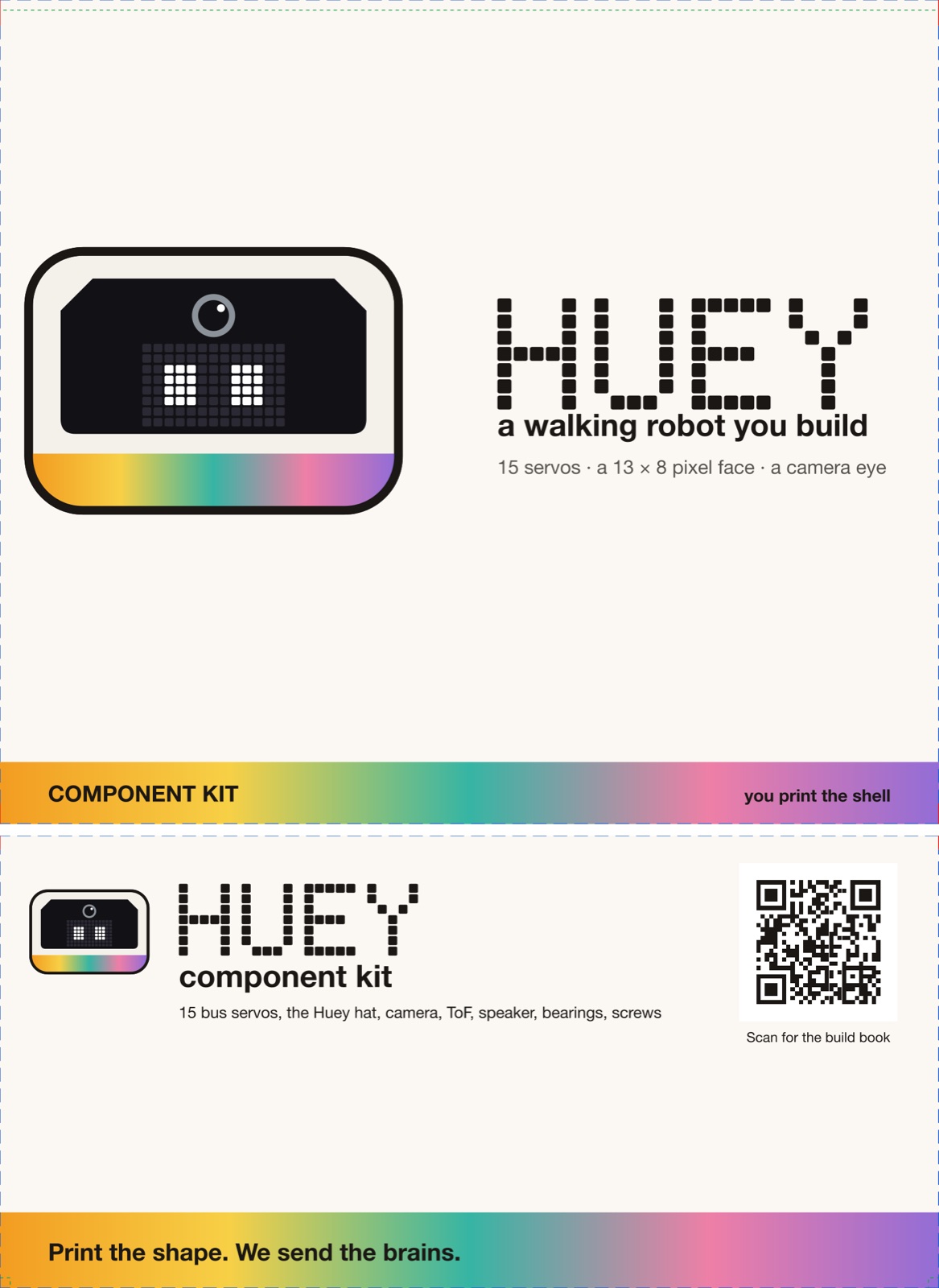Huey box artwork: the lid with the head mark and the HUEY pixel wordmark, and the front panel with a QR code to the build book