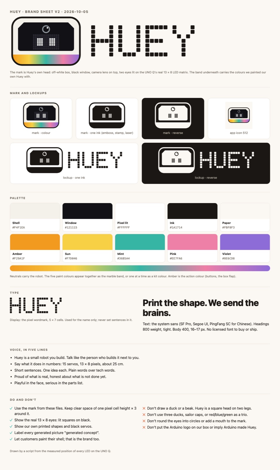 Huey brand sheet: logo versions, palette of shell, window, ink, paper and five paint colours, type, voice, do and don't
