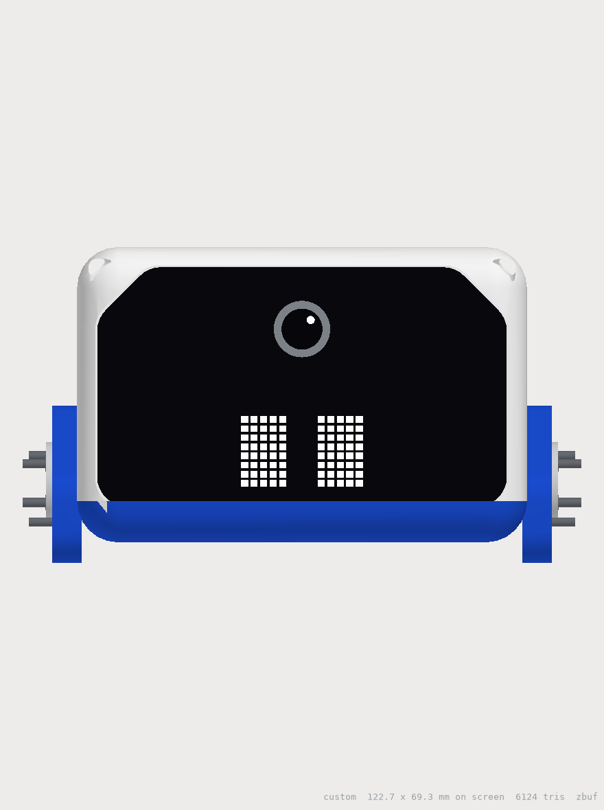 CAD render of Huey's head from the front: black window, camera lens, two pixel eyes