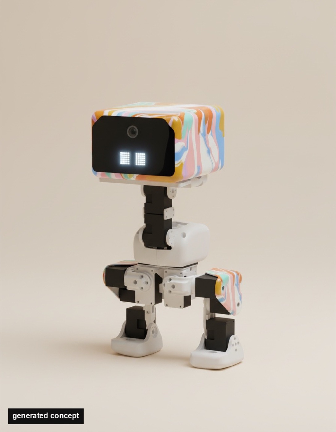 Huey standing, square head painted in swirls of amber, mint and pink