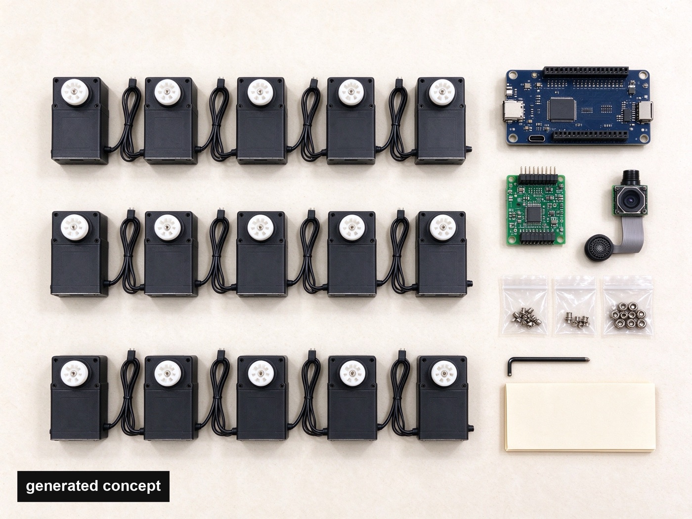 Kit contents laid out: 15 black servos, boards, camera, speaker, screws
