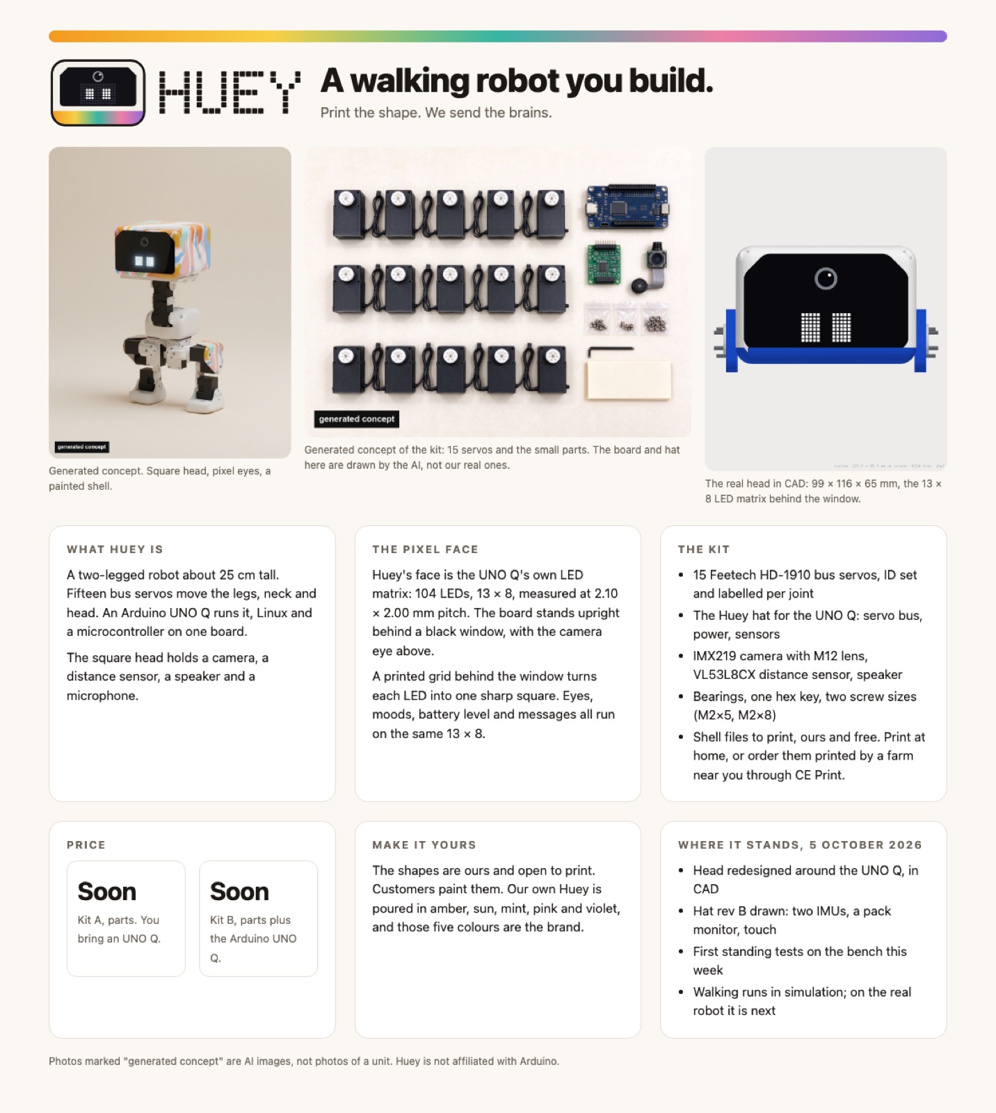 One-page pitch for Huey: what it is, the pixel face, the kit, make it yours, where it stands