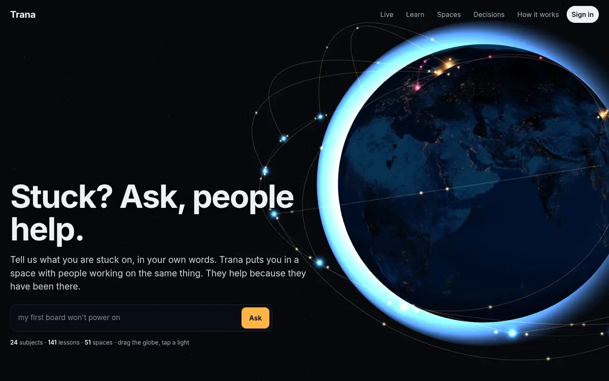 Trana's home page today: a globe of subjects with the line Stuck? Ask, people help.