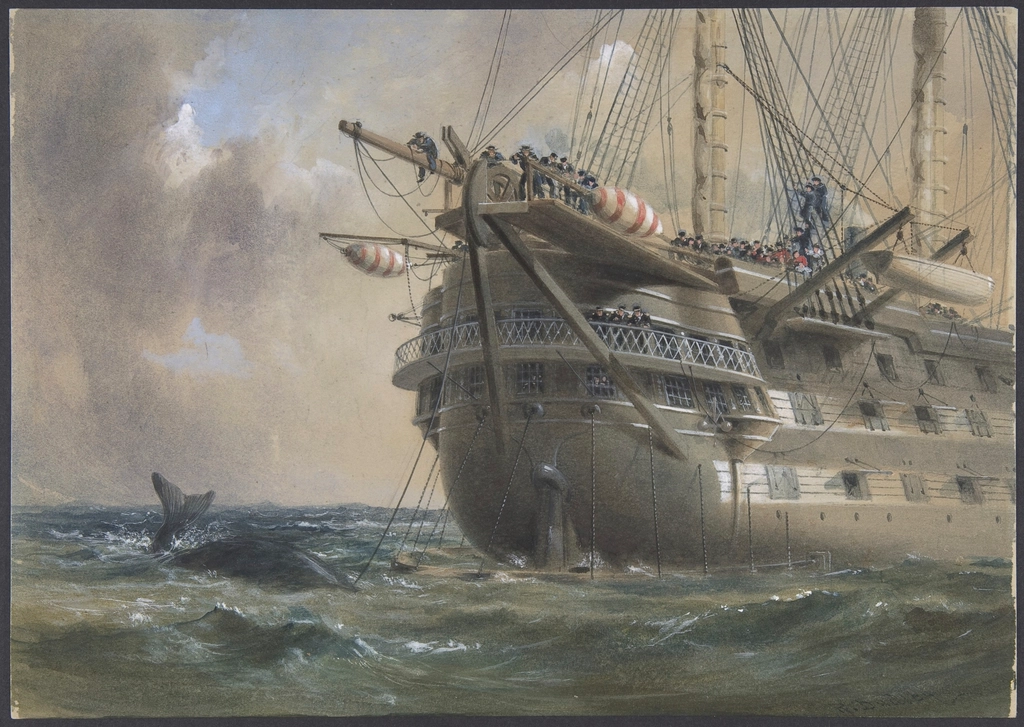 Watercolour of the warship Agamemnon at sea paying out the Atlantic telegraph cable