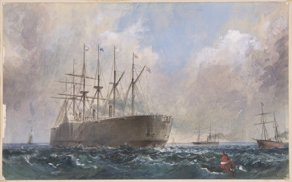 Watercolour of steamships at sea laying telegraph cable, 1865