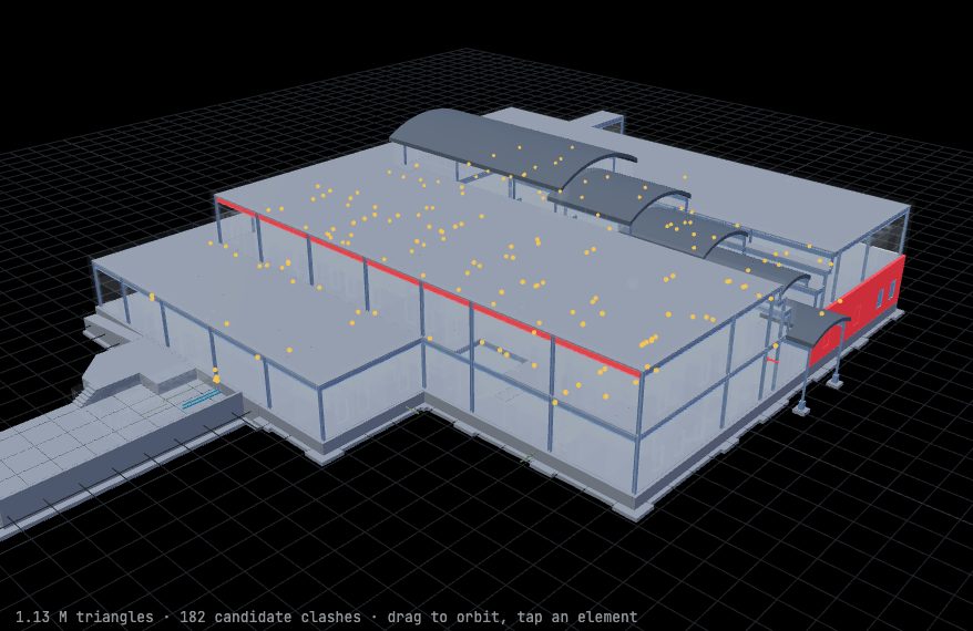A two-storey clinic built up in the browser from its IFC model, five disciplines in one twin